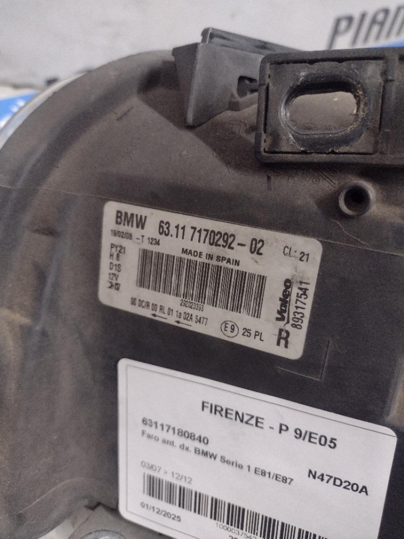 Proiettore / Faro Anteriore Destro Bmw Serie 1 XENON 2008